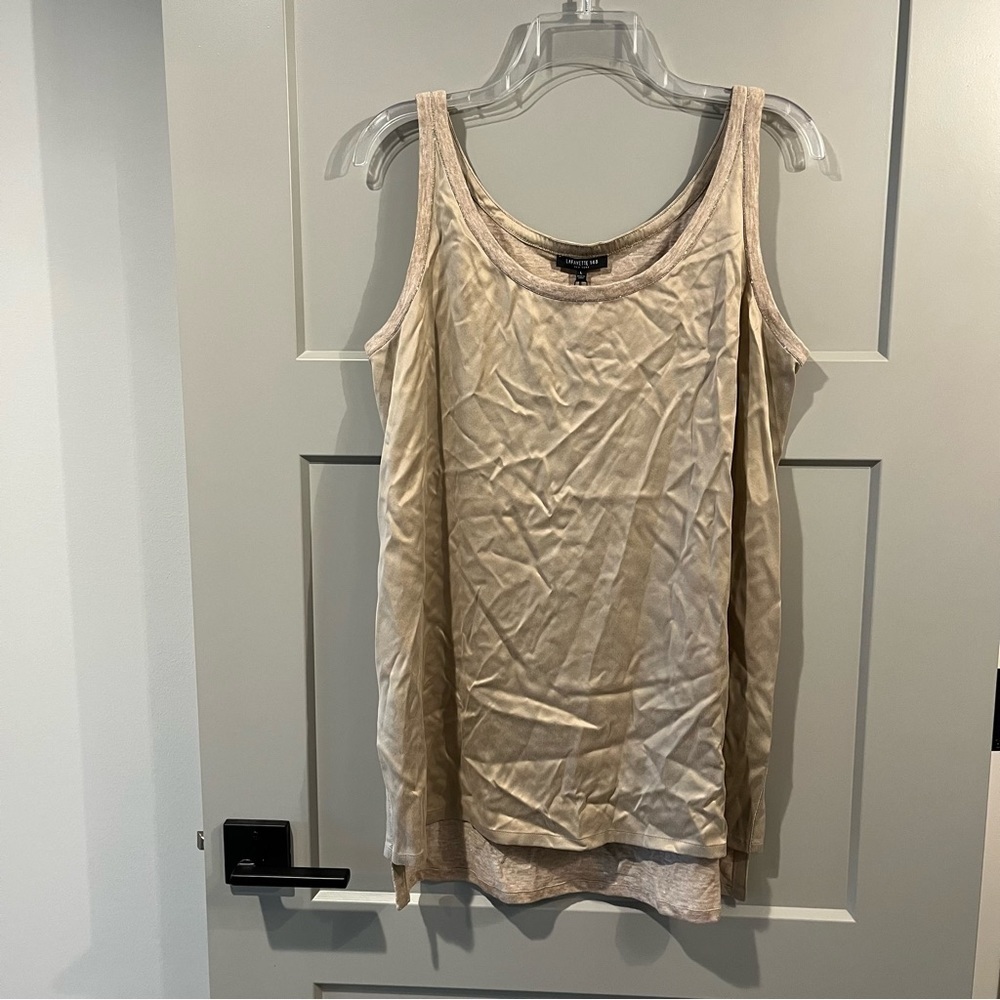 NWT Lafayette 148 Large Umber Beige Silk Linen Tank Top Hi Low Hem Beaded Neck